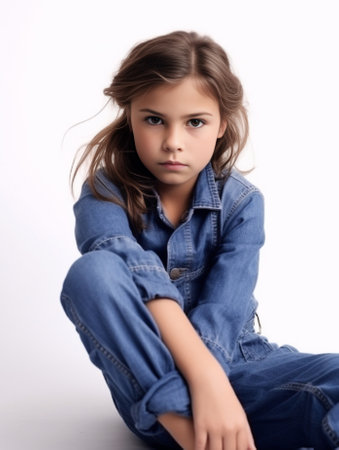 Vertical shot of attractive female has thoughtful focused expression upwards concentrated on something holds chin dressed in denim dungarees poses against white blank wal : Generative AIの素材