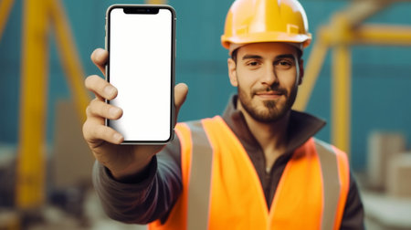 Triumphing happy engineer holds mobile phone raises clenched fist uses phone rejoices being on construction site wears formal suit and orange helmet Young architect gets  : Generative AIの素材