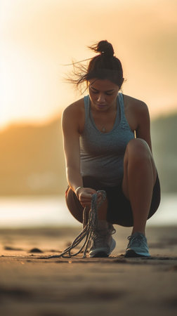 Young female runner with beautiful tanned skin in sportswear and sneakers sitting on sand near yellow boat and relaxing after intensive physical training outdoors getting : Generative AIの素材