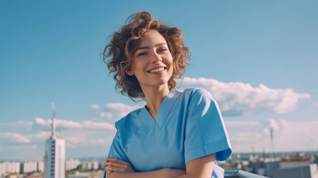 Waist up shot of happy young curly haired woman dressed in casual shirt carried fabric bag holds fresh water in bottle smiles positively strolls at city among glass skysc : Generative AIの素材