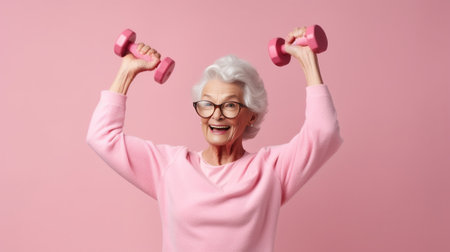 Arrogant pretty woman in pink eyewear shows muscle on her hand feels proud to be strong and have strength says I am hero Successful female model raises hand with joy show : Generative AIの素材
