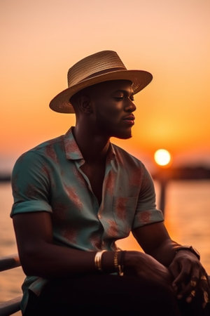 Attractive young black male tourist in stylish hat and eyewear enjoying fastfood by the sea on sunny day in resort town after long exhaustible walk holding paper map and  : Generative AIの素材