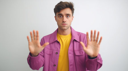 Attractive young man makes frightened gesture with palms defends himself from someone asks to stop it immediately Hispter guy says stay away from me shows stop sign Body  : Generative AIの素材
