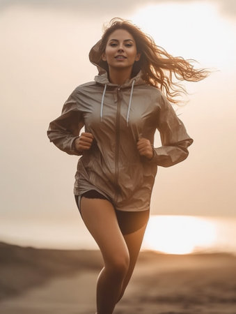 Back view of brunette woman in anorak carries karemat returns from sport training uses wireless headphones around neck poses outdoors against blurred background People an : Generative AIの素材