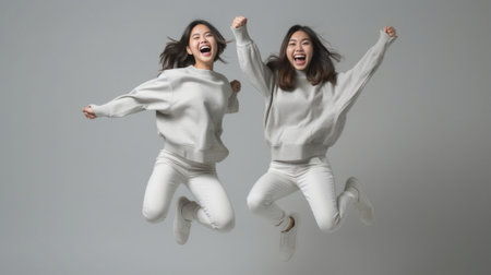 Cheerful lucky two women have fun gesture actively with palms clench fist enjoy awesome news get good relevation dressed in casual clothes isolated over white background  : Generative AIの素材