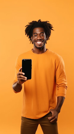 Black ethnic man with thick bristle points at smart phone device shows blank screen for your promotional content wears headgear and casual yellow t shirt advertizes new d : Generative AIの素材