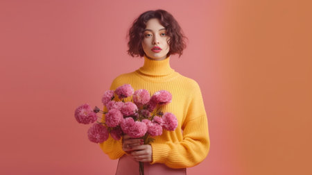 Charming female with dark hair and pleasant smile embraces fir tree branches arranged in bouquet has festive mood wears casual sweater isolated over pink background Merry : Generative AIの素材