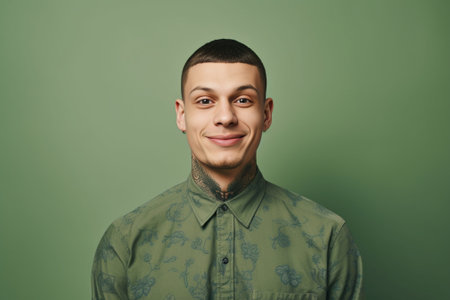 Confused European man with trendy hairstyle looks directly at camera wears green shirt with bowtie isolated over rosy wall hears shocking relevation People reaction and f : Generative AIの素材