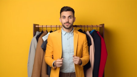Busy woman dry cleaning worker surrounded by different clothes items has worried face expression bites lips looks nervous isolated on yellow background Female volunteer g : Generative AIの素材