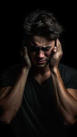 Displeased attractive stylish youngster with trendy hairdo frowns face keeps hand on neck as has pain spends all day working Male massages neck feels pain in muscles drea : Generative AIの素材