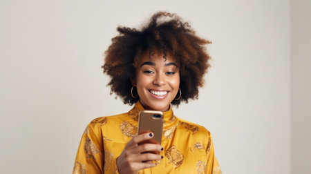 Cropped shot of happy black young woman with Afro hairstyle watches video in social networks uses free internet messages with boyfriend has toothy bright smile sits in lo : Generative AIの素材