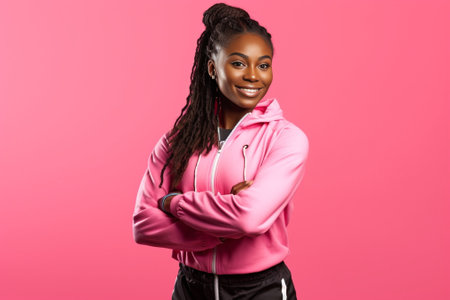 Astonished dark skinned sportswoman in active wear covers mouth and stares with disbelief hears shocking news being in good physical shape poses against pink background r : Generative AIの素材
