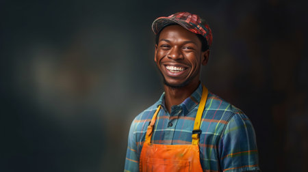 Cheerful African American male cook presents culinary talents participates in television cooking show wears apron stands at kitchen table makes dough for preparing buns i : Generative AIの素材