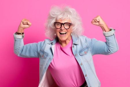 Cheerful old woman with upbeat mood wrinkled skin has fun on pension listens music in modern stereo headphones wears trendy sunglasses isolated on pink background Retirem : Generative AIの素材