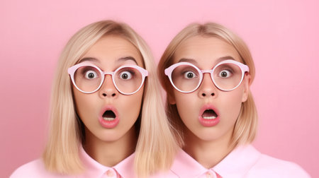 Horizontal portrait of amazed beautiful female and her boyfriend look with astonished expressions at camera cover mouth cant believe in something isolated on pink backgro : Generative AIの素材