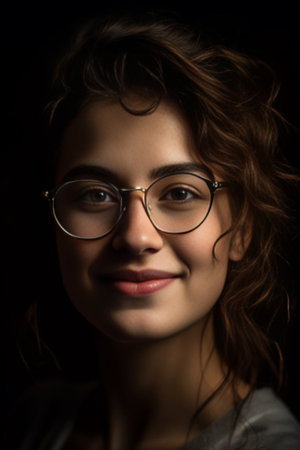 Close up portrait of beautiful cheerful curly haired young woman smiles tenderly looks directly at camera feels satisfied wears transparent glasses and soft jumper isolat : Generative AIの素材