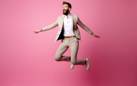 Excited surprised fashionable guy with trendy hairstyle and beard points happily aside on copy space of pink background for your fashion clothing advertising information  : Generative AIの素材