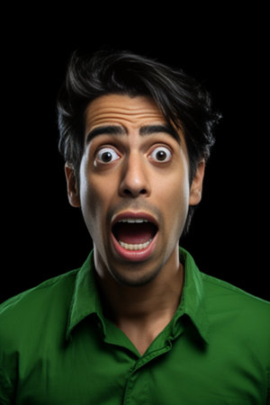 Confused European man with trendy hairstyle looks directly at camera wears green shirt with bowtie isolated over rosy wall hears shocking relevation People reaction and f : Generative AIの素材