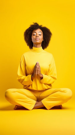 Excited cheerful dark skinned woman with braided hair sits crossed legs looks with smile keeps hands under chin wears purple turtleneck and jeans has upbeat mood isolated : Generative AIの素材