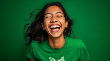 Charming friendly African American woman makes peace sign over eye smiles broadly and feels positive emotions sends good vibes wears bright green t shirt People emotions  : Generative AIの素材