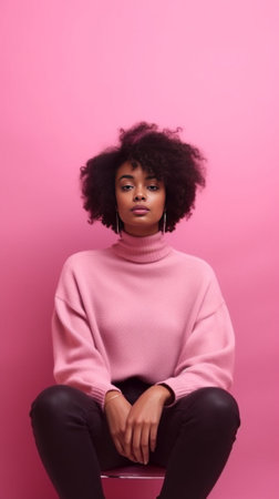 Curious African American woman concentrated above tries to decide something stands in thoughtful pose keeps finger near lips wears knitted sweater isolated on pink wall b : Generative AIの素材