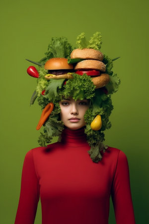 Frightened brunette Asian female covers half of face with green vegetable grown in her own garden being vegetarian wears casual orange jumper wants to make fresh salad is : Generative AIの素材