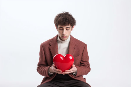 Good natured attractive young stylish hipster guy has friendly expression keeps hands on heart expresses his feelings to girlfriends shows love and great sympathy isolate : Generative AIの素材