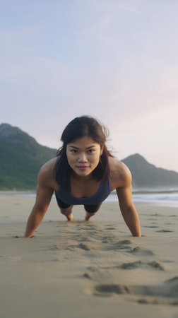 Cropped shot of unknown fitness blogger uses smartphone on tripod for recording video content for her blog has personal training online carries karemat dressed in sportsw : Generative AIの素材