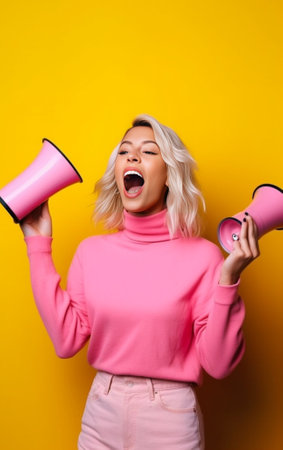 Crazy blonde female plug ears as hear loud noise have fun together pose against pink background Eotional overjoyed women being on party dont want to hear music Stop this  : Generative AIの素材