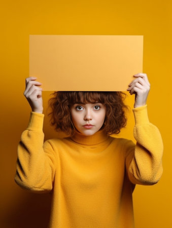 Faceless woman breaks arm through paper yellow wall indicates on right at blank space gives advice to buy subscription suggests to click on link shows direction Place for : Generative AIの素材