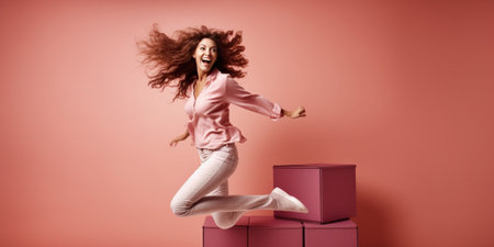 Horizontal shot of active funny woman with slim figure dances against pink background enjoys wonderful music or melody laughs happily blank panoramic copy space for your  : Generative AIの素材