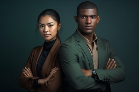 Image of serious gloomy interracial woman and man look directly at camera feel displeased as recieve bad comments of work isolated over white studio wall People and compa : Generative AIの素材