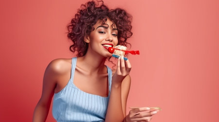 Dental care beauty and happiness concept Positive Afro American teen girl opens mouth widely brushes teeth in morning with toothbrush and toothpaste feels happy models ov : Generative AIの素材
