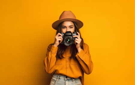 Female traveler makes memorable photos during trip holds retro camera takes images of beautiful landscape or place dressed in striped jumper raincoat and hat isolated ove : Generative AIの素材