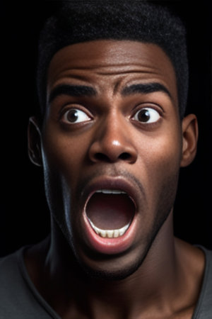 Close up studio shot of crazy goofy young African male making mouths frowning staring at camera with terrified frightened look posing indoors at grey wall Human facial ex : Generative AIの素材