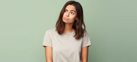 Grumpy offended millennial woman holds hands crossed on chest frowns face has quarrel with someone angry expression wears green t shirt being mad at you feels insulted un : Generative AIの素材