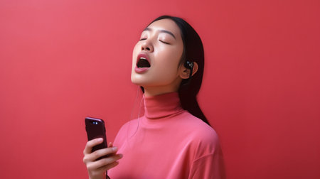 Indoor shot of dreamy Asian woman licks lips imagines something while listening favorite music uses modern technologies spends spare time on enjoying new plylist poses ag : Generative AIの素材
