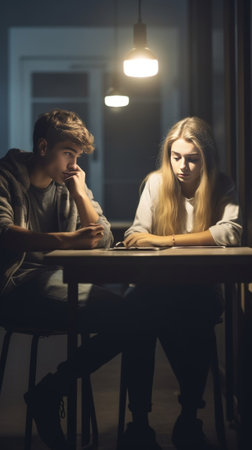 Female and male students work together on common project Pensive male nerd tries to get good idea being frustrated and tired while his carefree companion makes selfie pou : Generative AIの素材
