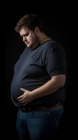 Indoor shot of funny overweight young Caucasian male wearing undersized grey tshirt holding hands on his stomach looking at his big belly hanging out of pants after eatin : Generative AIの素材