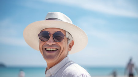 Elegant darkskinned male wearing shirt cap and sunglasses looking with shining smile into distance having good mood Plesaed stylish traveler enjoying sunny weather at res : Generative AIの素材
