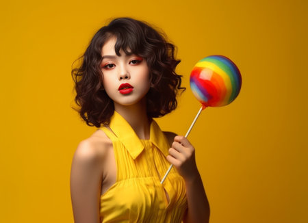 Happy millennial woman has curly hair covers eye with delicious lollipop has sweet tooth enjoys eating tasty candy keeps to sugar diet dressed in yellow clothes has fun w : Generative AIの素材