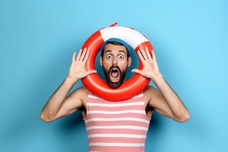 Impressed shocked red haired lifeguard works at beach uses lifebuoy for saving people wears striped sailor vest and green shorts stands indoor feels embarrassed Omg and w : Generative AIの素材