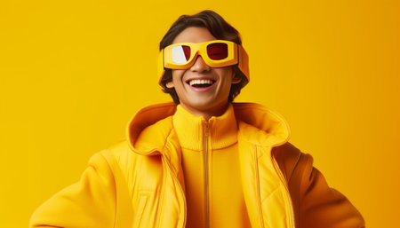 Impressed ginger woman snowboarder points into camera indicates at ski slope dressed in outerwear protective snowboarding goggles isolated over yellow background Ski wint : Generative AIの素材