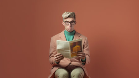 Indoor shot of puzzled unshaven man wears spectacles holds many handbooks feels doubt dressed in green sweater isolated over pink background Male wonk studies scientific  : Generative AIの素材