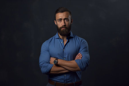 Displeased bearded man keeps hand on cheek frowns face with displeasure hears negative news doesnt want to go on work wears fashionable dark blue shirt stands alone again : Generative AIの素材