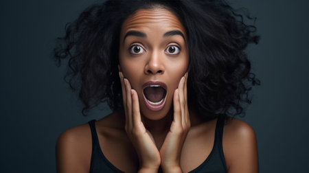 Frustrated beautiful African American female feels anxious and surprised bites finger nails in puzzlement looks nervously at camera worries before presenting project work : Generative AIの素材