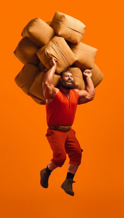 Displeased red man feels tired of picking up trash dressed in orange t shirt carries bags filled of trash cares of ecology isolated over purple background Earth Day and c : Generative AIの素材