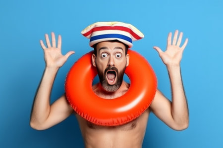 Impressed shocked red haired lifeguard works at beach uses lifebuoy for saving people wears striped sailor vest and green shorts stands indoor feels embarrassed Omg and w : Generative AIの素材