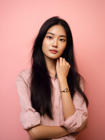 Dreamy young pretty Asian woman with dark hair holds mobile phone has thoughtful expression thinks about received message wears pink t shirt denim jacket looks away isola : Generative AIの素材