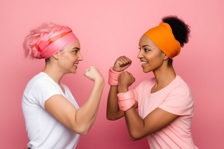 Happy dark skinned ethnic woman and man make fist bumps work as team agree to do something smile positively pose against bright two colored background Partnership and col : Generative AIの素材